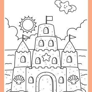 May include: A black and white line drawing of a sandcastle with a star on top, a sun, and a cloud with a star on it. The sandcastle has a large archway and two towers.