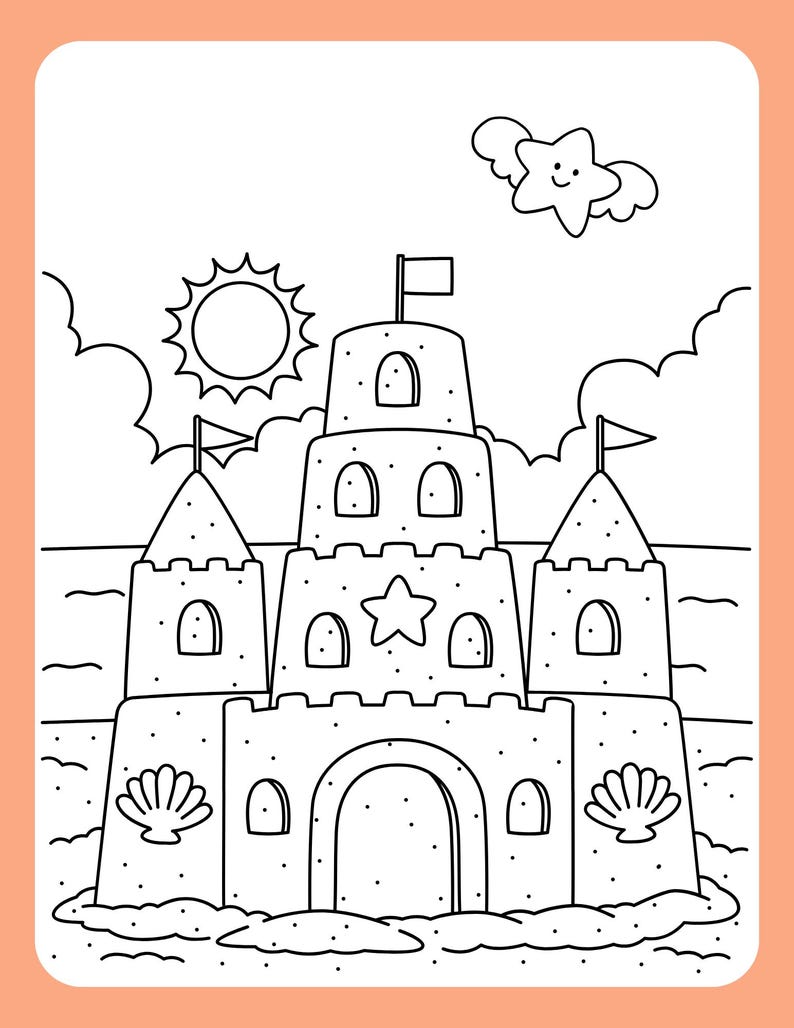 May include: A black and white line drawing of a sandcastle with a star on top, a sun, and a cloud with a star on it. The sandcastle has a large archway and two towers.
