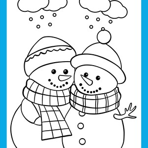 Peut inclure: Un dessin au trait noir et blanc de deux bonhommes de neige portant des &eacute;charpes et des chapeaux. Des flocons de neige tombent du ciel.