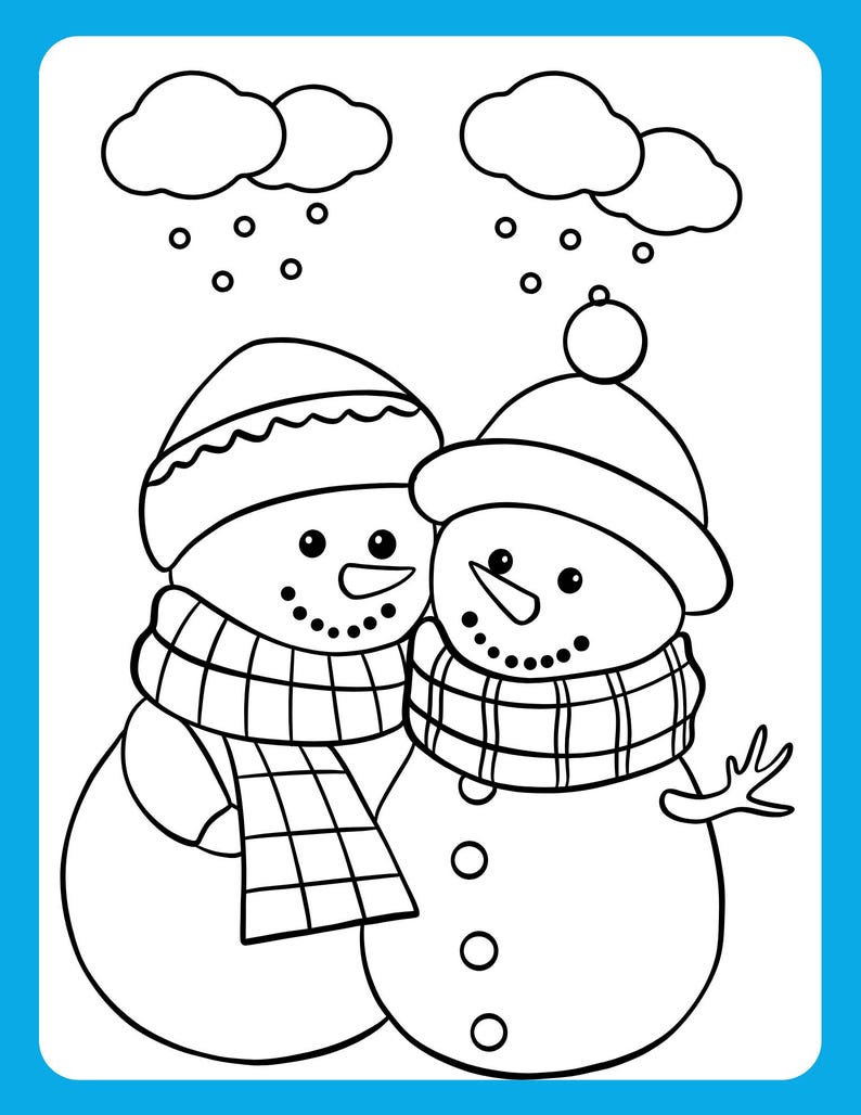 Peut inclure: Un dessin au trait noir et blanc de deux bonhommes de neige portant des &eacute;charpes et des chapeaux. Des flocons de neige tombent du ciel.
