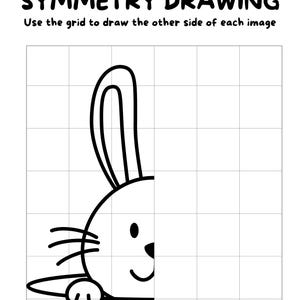 May include: Black and white Easter-themed symmetry drawing worksheet. The worksheet features the text "EASTER SYMMETRY DRAWING" and instructions to complete the drawing. A cartoon bunny is partially drawn on the left side of the grid.