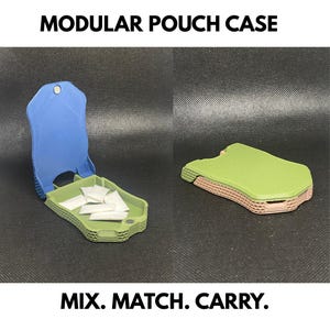 May include: A modular pouch case with the text MODULAR POUCH CASE and MIX. MATCH. CARRY. The case is shown open with a blue lid and green base containing small white packets, and closed with a green lid and tan base featuring a textured side.