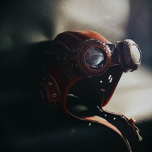 Pode incluir: Uma máscara steampunk de couro castanho com óculos redondos e um longo bico curvo. A máscara tem costuras visíveis, rebites e uma correia. Os óculos têm lentes transparentes e são rodeados por um material castanho mais escuro.