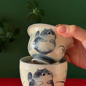 Hand-Painted Cat Ceramic Tea Set | Stackable Cup Design