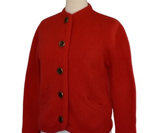 Vintage 50s Red Cardigan Sweater, Designer Rosanna Knitted Sportswear, Wool Rockabilly Cardigan, Pockets, S Small