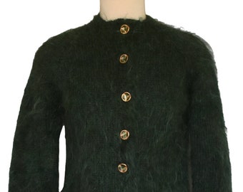 Vintage 60s  Mohair Cardigan Sweater, Hand Knit, Dark Green Cardigan Sweater, Fuzzy, Furry, Statement Buttons, Size S Small