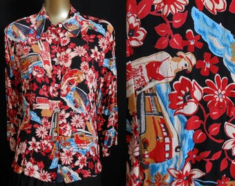 Vintage Y2K Loco Lindo Blouse, Travel Novelty Print Shirt, Rayon Crepe Blouse, Made in California USA, Size M Medium
