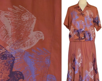 Vintage 80s Two Piece Skirt Set, Blue Rose New Mexico Skirt Suit, Hand Printed Eagles, Size L Large