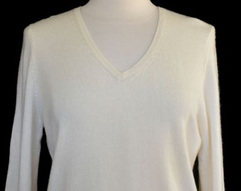 Vintage 90s Cream White Cashmere Sweater, V-neck Cashmere Pullover, Minimalist Sweater, Vintage 1990s, Size Petite L Large