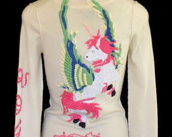 Vintage Y2K Embroidered Winged Unicorn Zip Front Cashmere Sweater Hoodie By Troy Kingdom, Size Extra Small XS