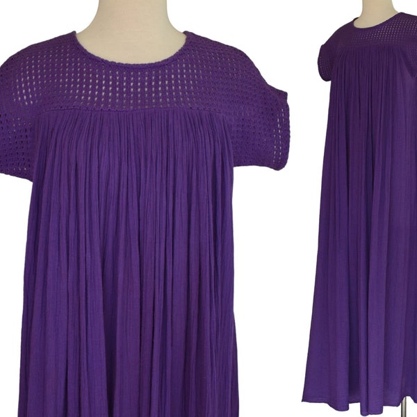 Vintage 70s Cotton Gauze Maxi Dress, Royal Purple Kaftan, I Magnin, Crochet Lace Yoke, Size S to M, Small to Medium