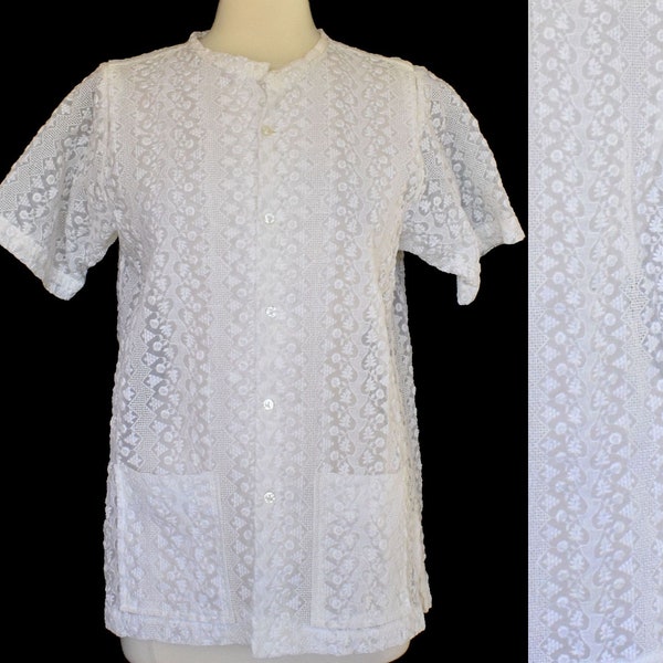 Vintage 60s Beach Jacket, White Semi Sheer Swimwear Cover Up, Embroidered Nylon Blouse, Size M to L, Medium to Large