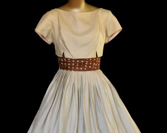 Vintage 50s Party Dress, Taupe Dupioni Silk, Full Skirted Fit and Flare Dress, Brown Dot Print Cummerbund, Size S Small