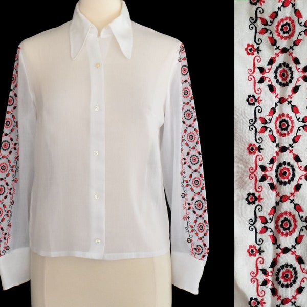 Vintage 70s Embroidered White Blouse, Boho Bohemian Ethnic, Folkloric, Button Up Shirt, Size S to M, Small to Medium