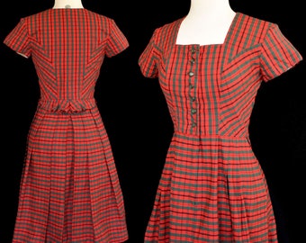 Vintage 60s Dirndl Dress, Red and Green Plaid Cotton, Z Vom Tegernesee Bavaria Germany Trachen Dress, Size XXS to XS, 2XS