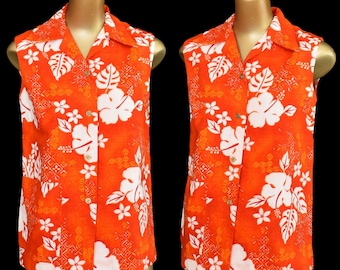 Vintage 60s Hawaii Barkcloth Blouse, Royal Hawaiian Orange and White Tropical Floral Print Sleeveless Shirt, Metal Style Buttons, Size M