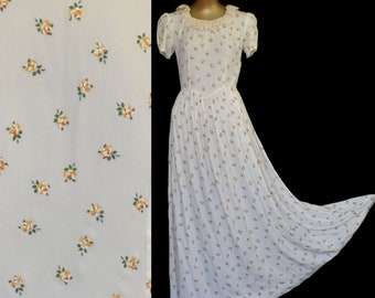 Vintage 30s Dress, Yellow Rose Print, Lace Ruffle Collar, Ankle Length, Puff Sleeves, Size S Small