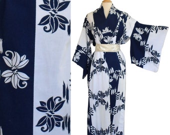 Vintage 60s Cotton Kimono, Japanese Blue with White Lotus Print, Made in Japan, Size M to L