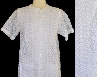 Vintage 60s Beach Jacket, White Semi Sheer Swimwear Cover Up, Embroidered Nylon Blouse, Size M to L, Medium to Large