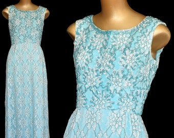 Vintage 60s Emma Domb Evening Gown, 3-D Iridescent Sequined Bodice, Two Tone Roses Chantilly Lace Dress, Size S Small