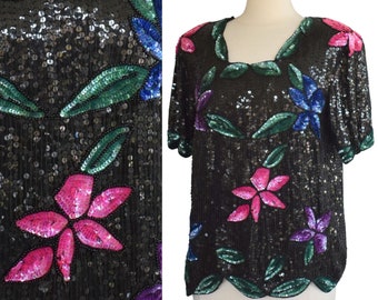 Vintage 80s Sequined Blouse, Black Multicolor Beaded Cocktail Top, Tropical Floral Orchids, Scalloped Bottom, M to L