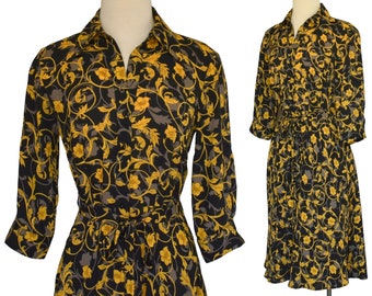 Vintage Y2K Nanette Lepore Shirt Dress, Button Front Day Dress, Dark Abstract Floral Print, Convertible Sleeves, Original Sash Belt, S Small