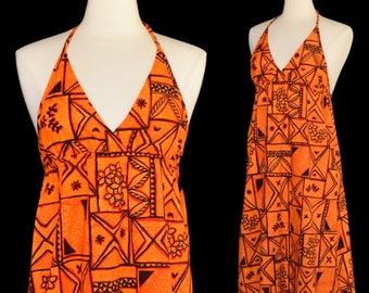 Vintage 70s Hawaiian Halter Maxi Dress, Orange and Black Tiki Tapa Print, Backless Dress, Size XS To S, Extra Small to Small