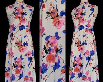 Vintage 70s L'Aiglon Rose Print Maxi Dress, Abstract Floral Print Dress, Keyhole Neckline, Size M Medium
