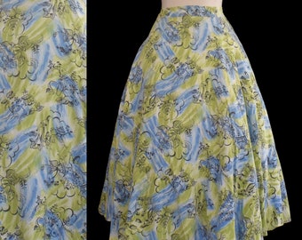 Vintage 50s Novelty Print Skirt, Vintage East Indian Style Figural Print, Little People, Circle Skirt, Size M to L, Medium to Large