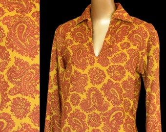 Vintage 60s Paisley Print Blouse, Rust and Chartreuse Green Popover Shirt, Mr Yanci's Clothes Hanger Oakland, Size S Small