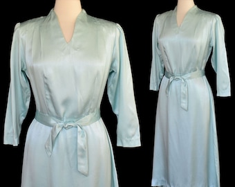 Vintage 70s does 40s Satin Cocktail Dress, Ice Blue Crepe Back Satin Dress, Size M Medium