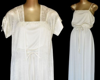 Vintage 70s Maxi Dress with Sheer Jacket Ensemble, Off White 20s Style Two Piece Set, Size M Medium