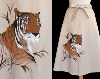 Vintage 70s Wrap Skirt, Hand Painted Tiger, Khaki Tan Cotton Blend Skirt, Size M Medium