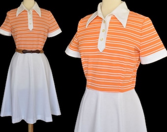 Vintage 70s Butte Knit Dress, Two Tone Rib Knit Orange Stripe Top and White Skirt, Polo Style Day Dress, Size M Medium