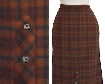 Vintage 50s Century of Boston Skirt, Wool Plaid Straight Skirt, High Waist, Brown and Black Plaid, Size S Small