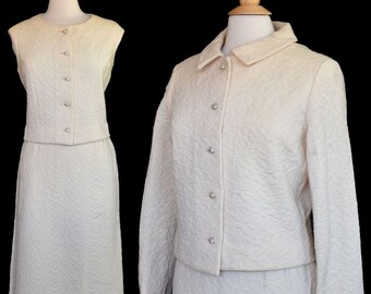 Vintage 60s Kimberly Knitwear Skirt Suit, Three Piece Set, Jacket, Vest, Skirt, 3-D Off White Jacquard Wool Knit, M to L, Medium to Large