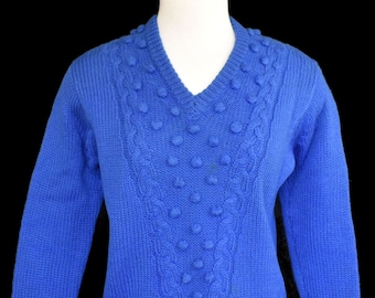 Maglione pullover blu vintage anni '50, designer Phil Rose California, maglia mista di lana, abbellimento Bobble Pom Pom, taglia da S a M, piccolo medio