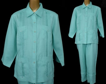 Vintage 90s Green Linen Blouse and Pants Set, Mexican Guayabera Style Pants Suit, High Waist Pants, Size L Large