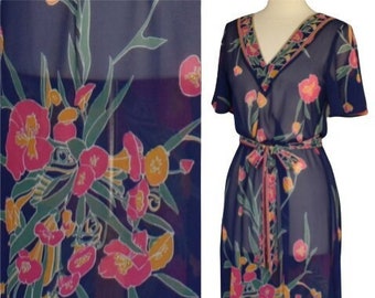 Vintage 90's Tropical Floral Print Dress, Semi Sheer Rayon Chiffon, Border Print, Designer Mumu, Size S to M, Small to Medium