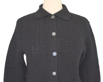 Vintage 50s Black Cardigan Sweater, Ribbed Cable Knit Collared Sweater, Rockabilly Cardigan, Nelson Knitting Mills, Size M Medium