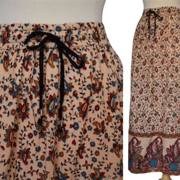 Vintage 70s East India Block Print Skirt, Indian Cotton Maxi Skirt, Drawstring Waist with Bells, Deadstock, NWT, Size L, XL, XXL, 1X