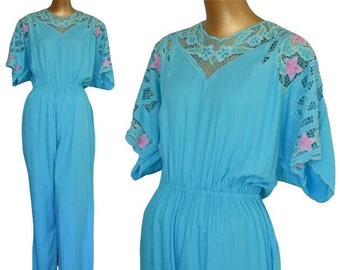 Vintage 90s Bali Crochet Embroidered Cutwork Jumpsuit, Turquoise Blue, New With Tags, NWT, Size M to L, Medium to Large