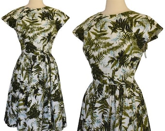 Vintage 50s Botantical Fern Print Dress, Full Skirted Fit and Flare Cotton, Square Back, Ole Borden For Margot, XS to S Extra Small to Small