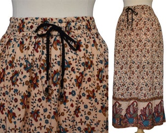 Vintage 70s East India Block Print Skirt, Indian Cotton Maxi Skirt, Drawstring Waist with Bells, Deadstock, NWT, Size L, XL, XXL, 1X