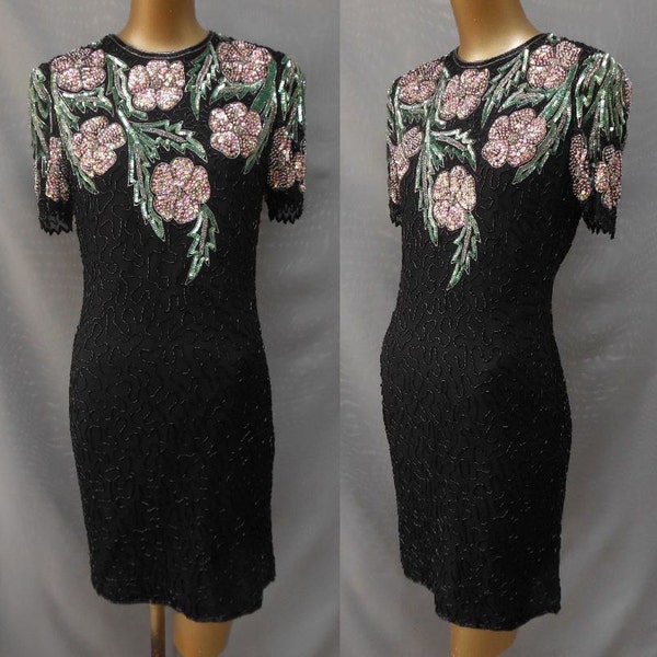 Vintage 80s Silk Black Cocktail Party Dress with Hand Beaded and Sequined Pink Green Floral Embellishment, Size XS