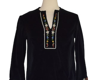 Vintage 70s Embroidered Blouse, Black Velvet Shirt, Floral Embroidery, Boho Hippie Top, Bohemian Shirt, Size  S Small