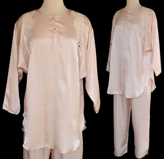 Vintage 80s 1940s Style Satin Pajamas, Lace Embel… - image 1