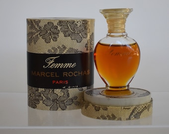 Vintage 40s Marcel Rochas Femme Parfum 154, 1/2 ounce size, In Black Lace Print Box, Original Formula