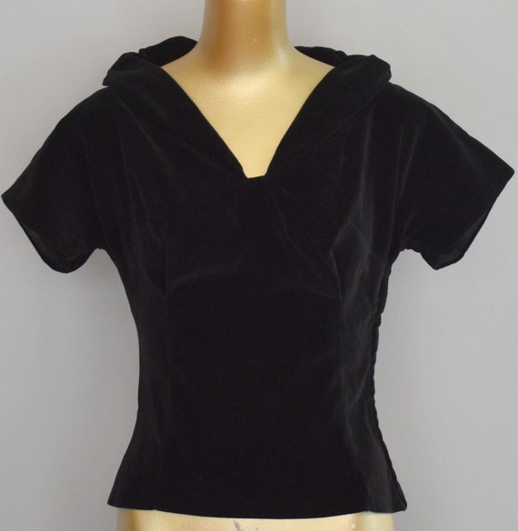 50s Black Velvet Blouse, Pinup Top, Novelty Collar