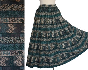 Vintage 50s Novelty Print Gathered Skirt, Abstract Tiki Stripe Print Skirt, Tribal Ethnic Print, High Waist, XXS, 2XS, Extra Extra Small